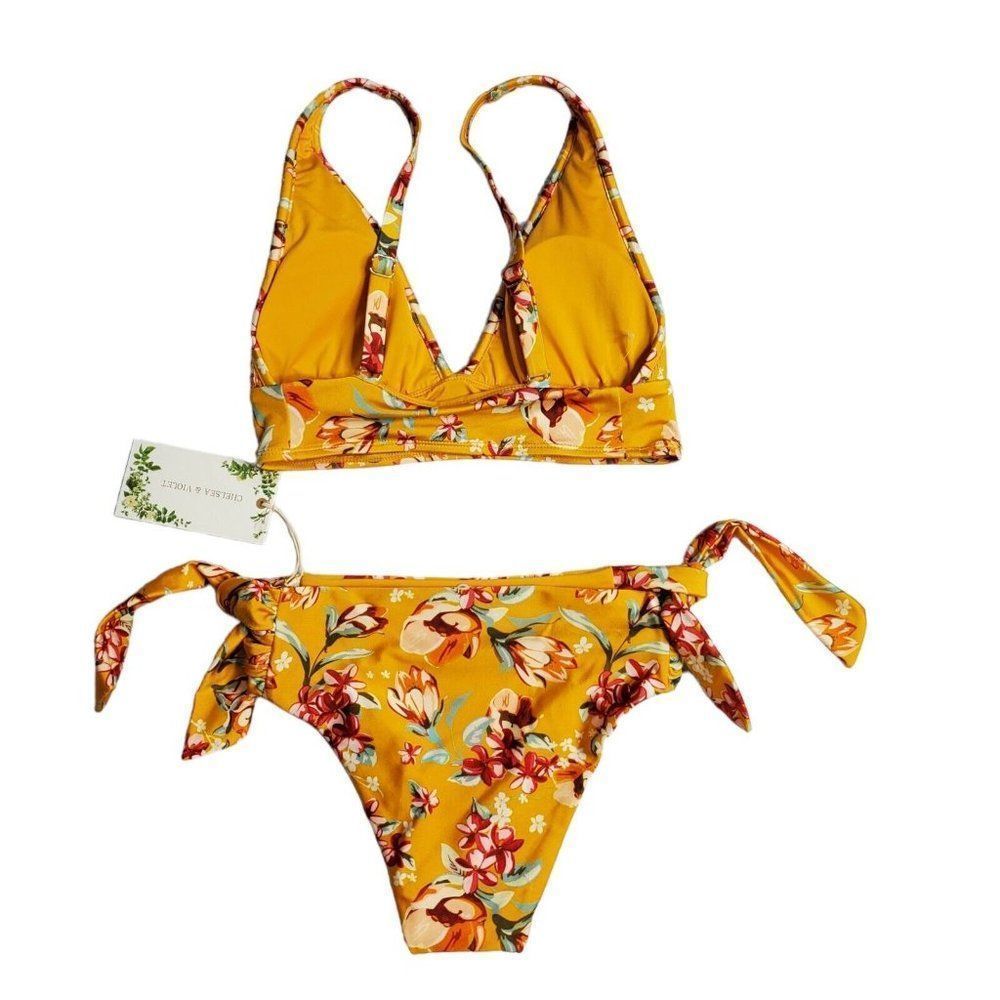 Chelsea & Violet Floral 2 Piece Swimsuit Size xs Bikini Top Side Tie Hipster - Picture 2 of 11
